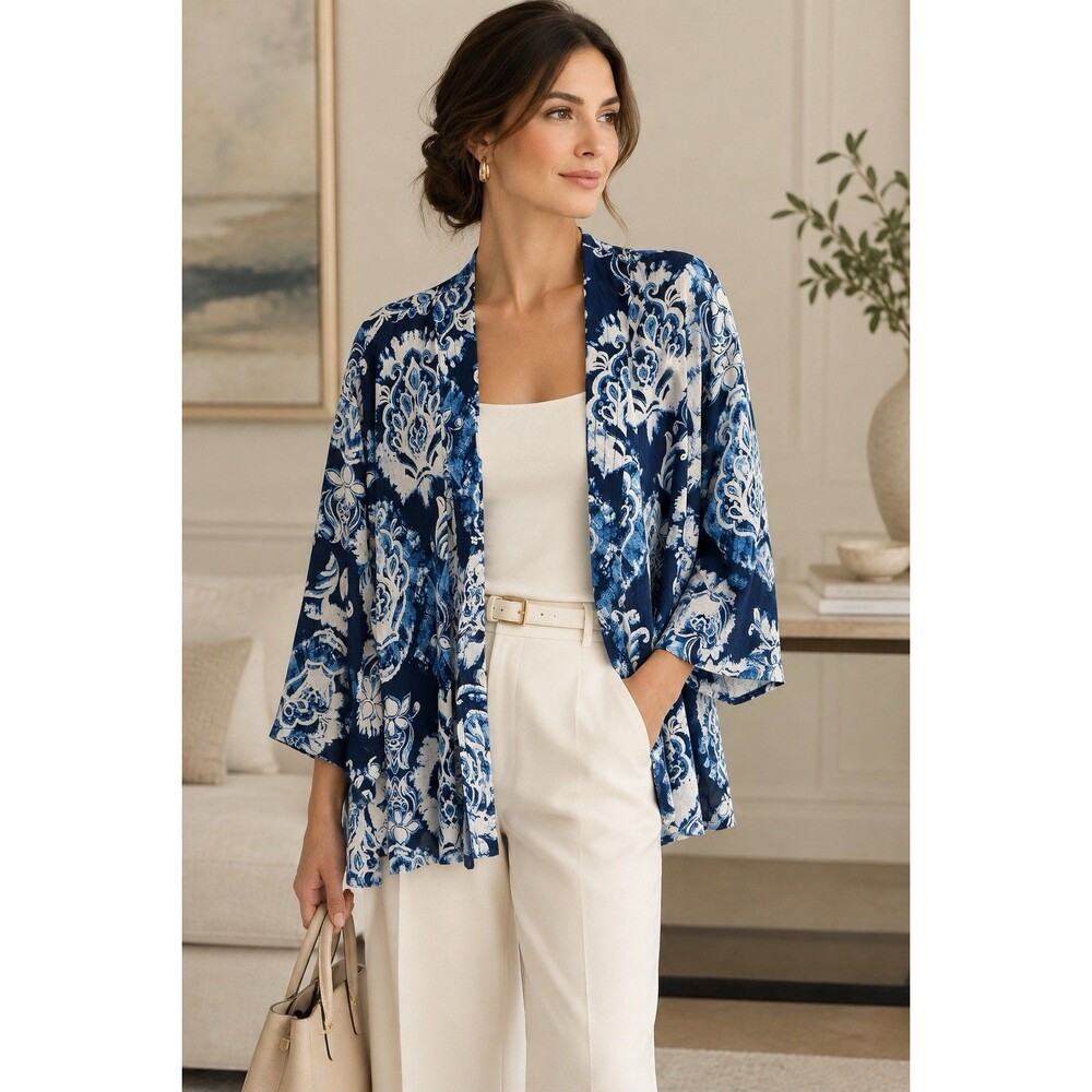 NWT Haute Hippie L Blue White Print Blouse Lightweight Topper Cardigan Top